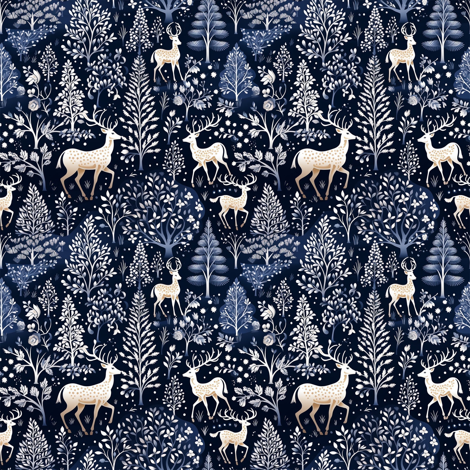 navy blue, delft blue, cream, white, deer, stags, antlers, winter forest, botanical motifs, trees, ferns, snowflakes, folk art, scandinavian style, repeating pattern,, fabric panel, woodland creatures, nature design, winter theme, floral elements