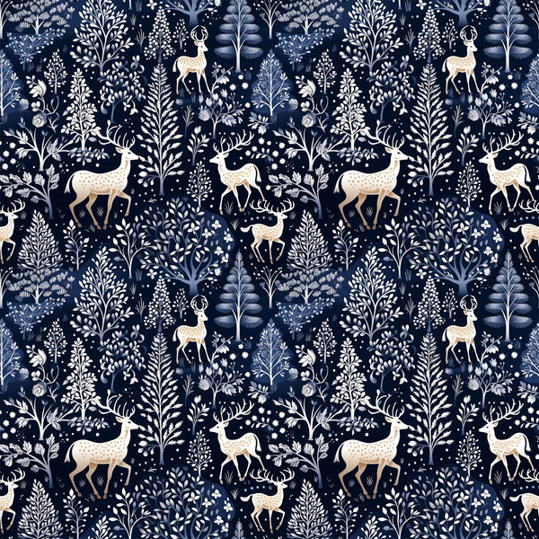 navy blue, delft blue, cream, white, deer, stags, antlers, winter forest, botanical motifs, trees, ferns, snowflakes, folk art, scandinavian style, repeating pattern,, fabric panel, woodland creatures, nature design, winter theme, floral elements