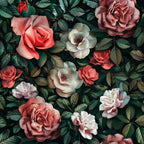 coral roses, burgundy flowers, white blooms, sage green leaves, realistic floral, botanical pattern,, fabric panel, dimensional roses, vintage style, romantic florals, dusky pink, cream petals, dark foliage, layered petals, garden flowers, moody floral, textile design, rose garden, naturalistic blooms