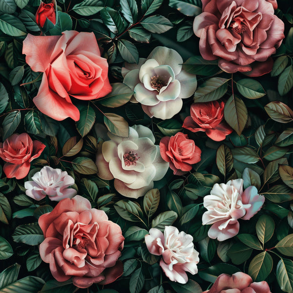 coral roses, burgundy flowers, white blooms, sage green leaves, realistic floral, botanical pattern,, fabric panel, dimensional roses, vintage style, romantic florals, dusky pink, cream petals, dark foliage, layered petals, garden flowers, moody floral, textile design, rose garden, naturalistic blooms