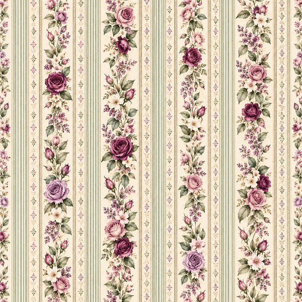 mauve, dusty rose, burgundy, wine red, cream, sage green, floral, striped, vintage, roses, romantic, elegant, traditional, cottage core, botanical, spring, summer, nature, garden flowers, buds, leaves, classic, timeless, shabby chic, farmhouse, delicate, layered florals, multi-floral, heirloom, nostalgic