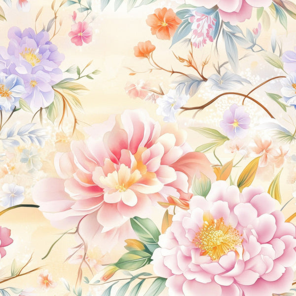 japanese floral, watercolor flowers, soft pastels, pink peonies, purple blooms, coral flowers, delicate branches, botanical pattern,, fabric panel, feminine design, spring blossoms, ethereal style, seamless repeat, romantic florals, peach tones, lavender accents, nature motifs, artistic rendering, gentle palette
