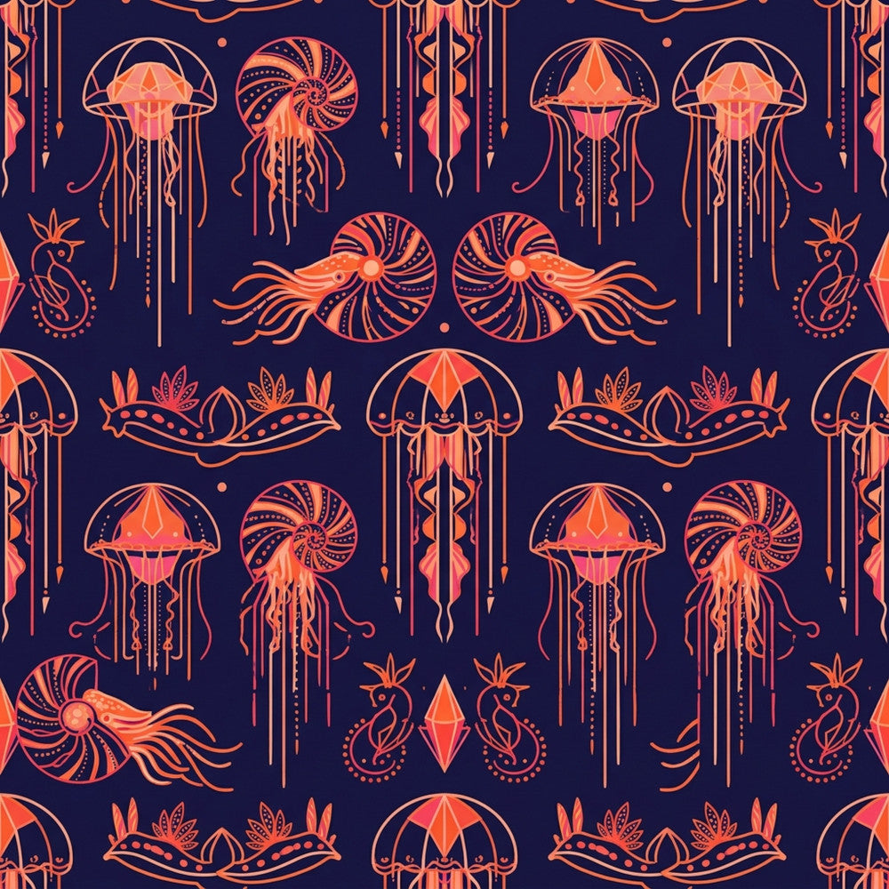 navy blue, coral orange, deep sea blue, burnt orange, jellyfish, nautical, ocean, marine life, whimsical, bohemian, art deco, geometric, ornamental, celestial, mystical, sea creatures, underwater, decorative, patterned, medallion, symmetrical, stylized, modern, fantasy, kids room, nursery, playroom, ocean theme