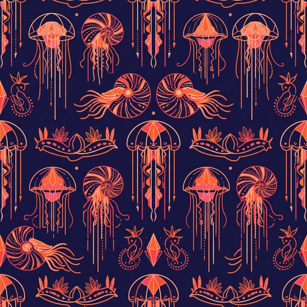 navy blue, coral orange, deep sea blue, burnt orange, jellyfish, nautical, ocean, marine life, whimsical, bohemian, art deco, geometric, ornamental, celestial, mystical, sea creatures, underwater, decorative, patterned, medallion, symmetrical, stylized, modern, fantasy, kids room, nursery, playroom, ocean theme