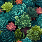 teal, green, coral, pink, purple, succulents, botanical, floral pattern, rosettes, leaves,, fabric panel, nature motif, garden plants, colorful blooms, layered petals, organic shapes, vibrant colors, seamless design, crafting fabric