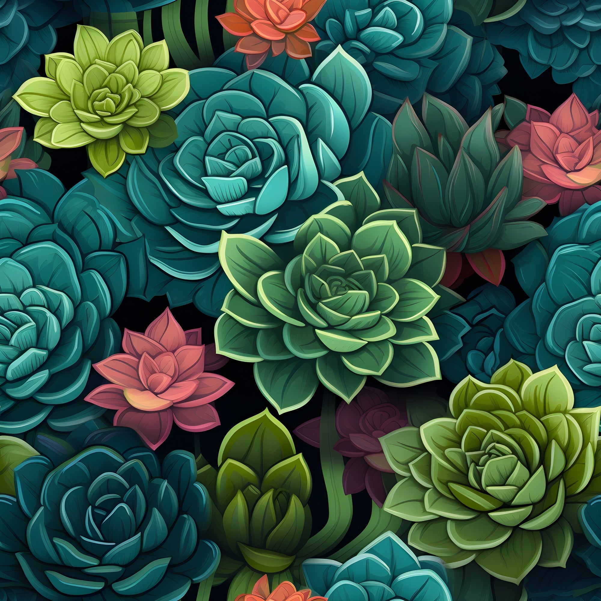 teal, green, coral, pink, purple, succulents, botanical, floral pattern, rosettes, leaves,, fabric panel, nature motif, garden plants, colorful blooms, layered petals, organic shapes, vibrant colors, seamless design, crafting fabric