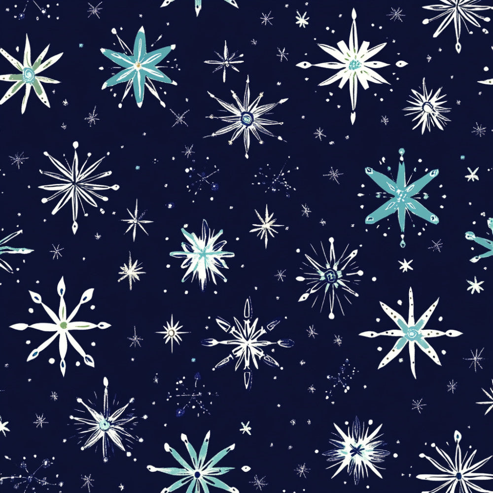 navy blue, white, turquoise, cream, celestial, stars, snowflakes, winter, christmas, holiday, geometric, modern, whimsical, elegant, night sky, starburst, sparkle, festive, magical, dreamy, contemporary, children's, nursery, playroom, kids room, baby, icy, frosty, starry night, constellation