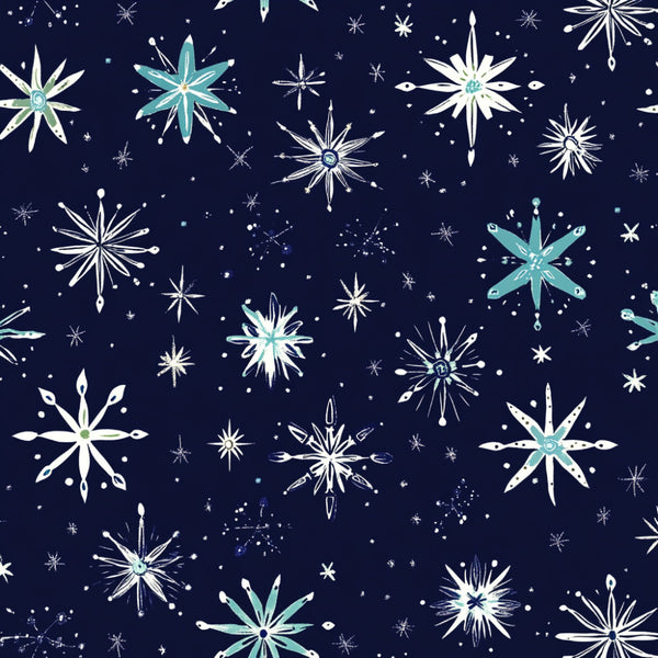 navy blue, white, turquoise, cream, celestial, stars, snowflakes, winter, christmas, holiday, geometric, modern, whimsical, elegant, night sky, starburst, sparkle, festive, magical, dreamy, contemporary, children's, nursery, playroom, kids room, baby, icy, frosty, starry night, constellation
