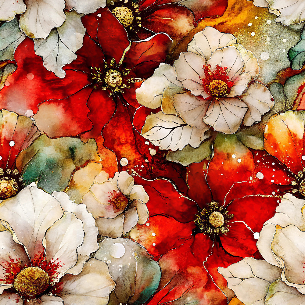 crimson red, cream white, gold accents, burnt orange, sage green, watercolor flowers, floral pattern, alcohol ink style, botanical, nature-inspired, elegant, sophisticated, artistic, modern, whimsical, poinsettia, holiday, christmas, festive, winter, autumn, romantic, vintage aesthetic, decorative, home decor, nursery, special occasion, luxury, hand-painted effect