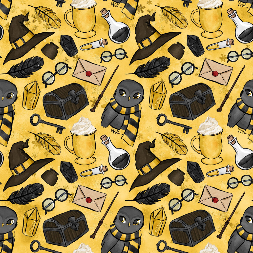 golden yellow, mustard background, wizard hat, owl character, black striped scarf, potion bottles, treasure chest, skeleton key, feather quill, rolled parchment, round glasses, magical wands, lantern, envelope, wizarding school, repeating pattern,, fabric panel, whimsical illustration, fantasy theme