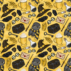 golden yellow, mustard background, wizard hat, owl character, black striped scarf, potion bottles, treasure chest, skeleton key, feather quill, rolled parchment, round glasses, magical wands, lantern, envelope, wizarding school, repeating pattern,, fabric panel, whimsical illustration, fantasy theme