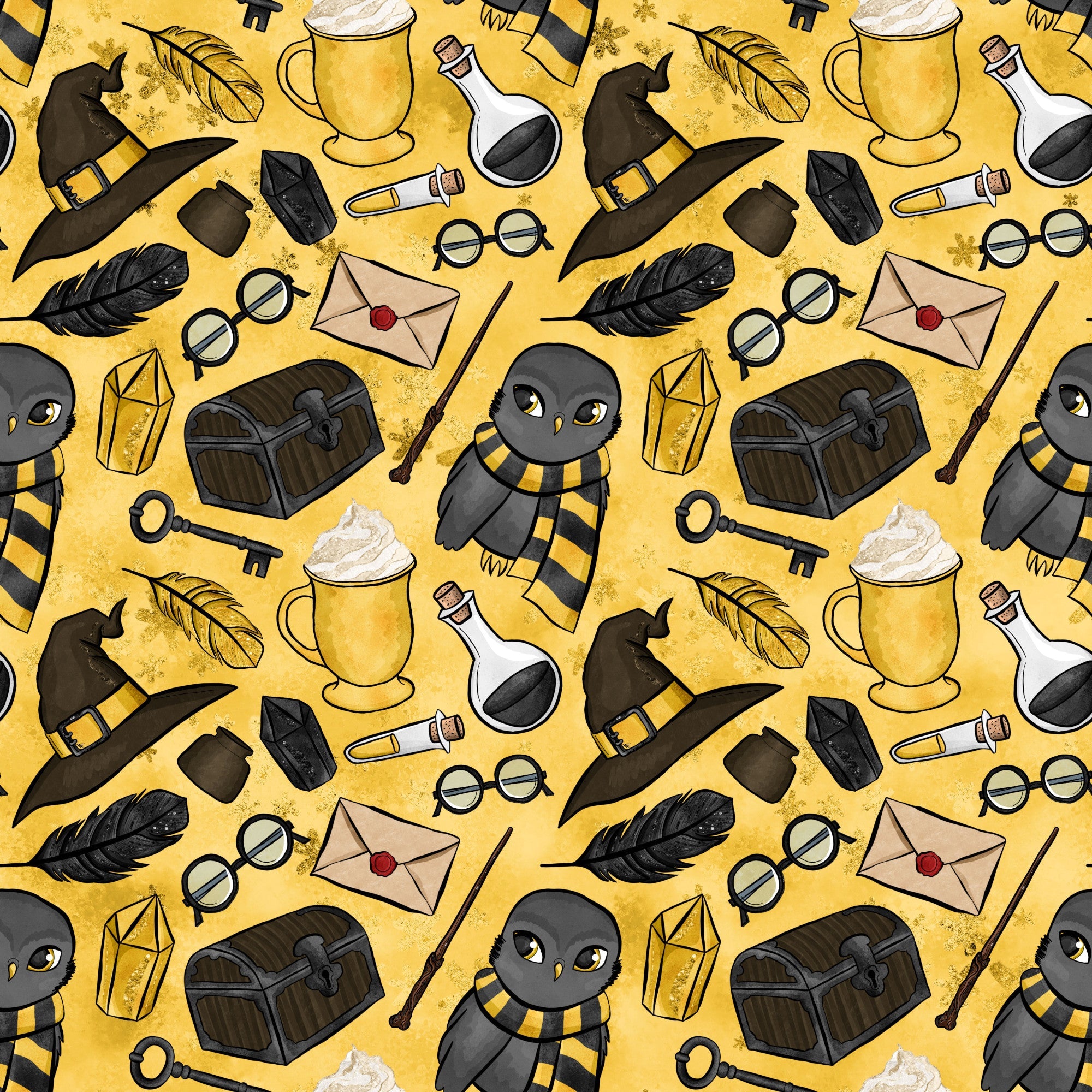 golden yellow, mustard background, wizard hat, owl character, black striped scarf, potion bottles, treasure chest, skeleton key, feather quill, rolled parchment, round glasses, magical wands, lantern, envelope, wizarding school, repeating pattern,, fabric panel, whimsical illustration, fantasy theme
