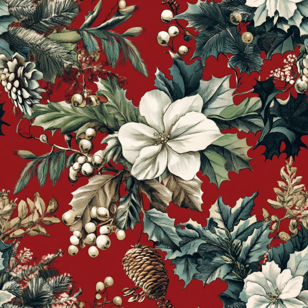 christmas fabric,, fabric panel, pinecones, winter berries, poinsettia flowers, holly leaves, evergreen branches, red background, white flowers, cream berries, forest green, botanical pattern, holiday motifs, festive design, winter florals, christmas botanicals, seasonal fabric, cotton quilting material