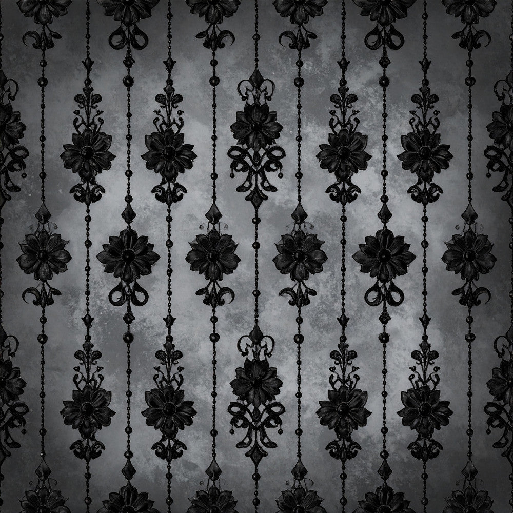 charcoal gray, black, ornate, damask, baroque, victorian, gothic, elegant, vintage, floral medallion, ornamental, formal, dramatic, moody, sophisticated, dark academia, goth aesthetic, hanging florals, beaded chains, decorative, traditional, steampunk, haunting, jewel tones, luxury, dramatic pattern, chandelier motif