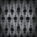 charcoal gray, black, ornate, damask, baroque, victorian, gothic, elegant, vintage, floral medallion, ornamental, formal, dramatic, moody, sophisticated, dark academia, goth aesthetic, hanging florals, beaded chains, decorative, traditional, steampunk, haunting, jewel tones, luxury, dramatic pattern, chandelier motif