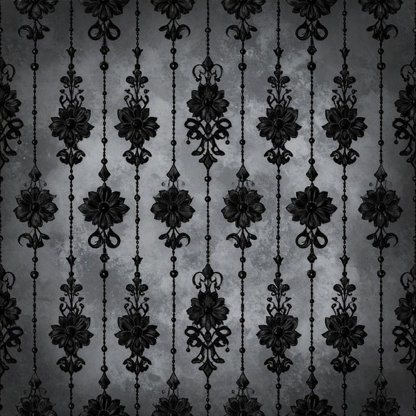 charcoal gray, black, ornate, damask, baroque, victorian, gothic, elegant, vintage, floral medallion, ornamental, formal, dramatic, moody, sophisticated, dark academia, goth aesthetic, hanging florals, beaded chains, decorative, traditional, steampunk, haunting, jewel tones, luxury, dramatic pattern, chandelier motif