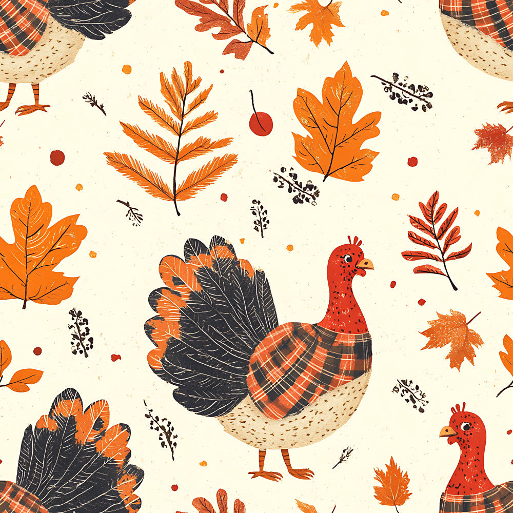 burnt orange, rust red, black, cream, plaid, autumn, fall, leaves, turkeys, birds, farmhouse, rustic, whimsical, harvest, thanksgiving, nature, woodland, feathers, berries, seasonal, traditional, cozy, country, cottagecore, folk art, hand-drawn, textured, warm tones, kids room, playroom