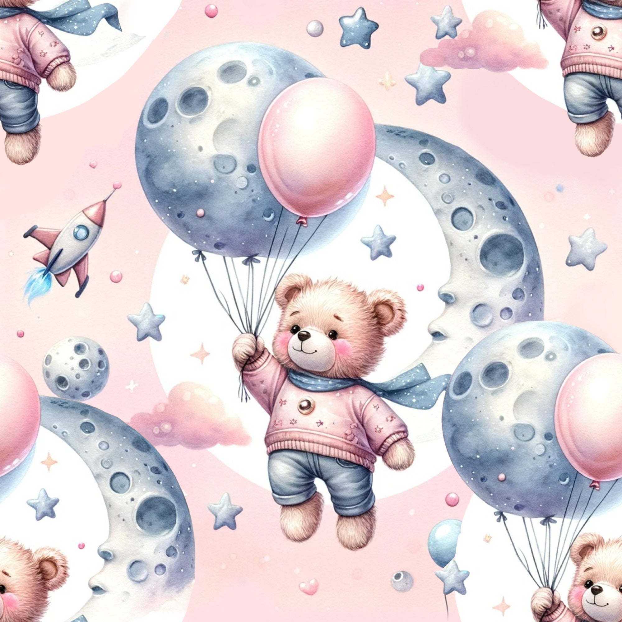 pink, pastel blue, teddy bears, balloons, moon, stars, rocket ship, space theme, nighttime, whimsical, cute animals, children's fabric, nursery design,, fabric panel, dreamy atmosphere, celestial motifs, soft colors, playful pattern, baby fabric
