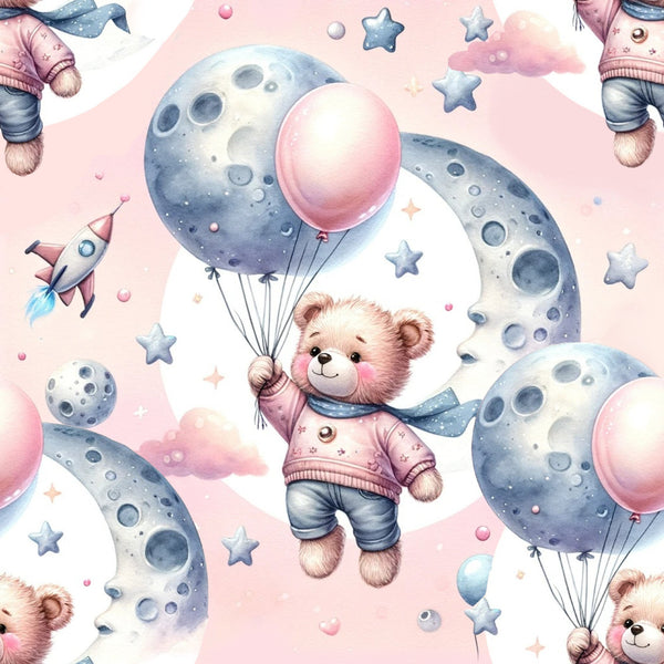 pink, pastel blue, teddy bears, balloons, moon, stars, rocket ship, space theme, nighttime, whimsical, cute animals, children's fabric, nursery design,, fabric panel, dreamy atmosphere, celestial motifs, soft colors, playful pattern, baby fabric