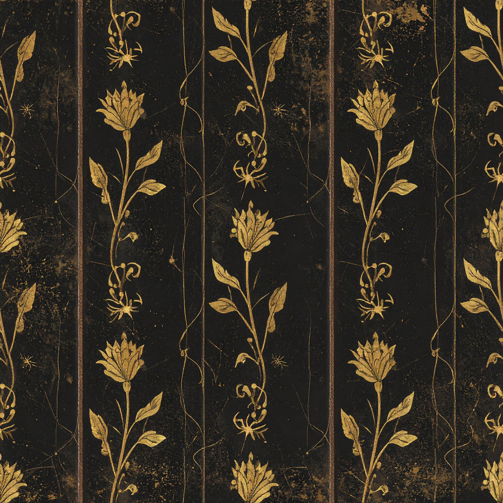 black and gold, gold leaf, botanical, floral, vintage, elegant, damask, ornate, traditional, luxurious, classic, flowers, nature, leaves, vines, scrolls, curling stems, distressed, antique, timeless, romantic, sophisticated, victorian, neoclassical, metallic gold, dark background, delicate details, botanical illustration, garden themed, formal