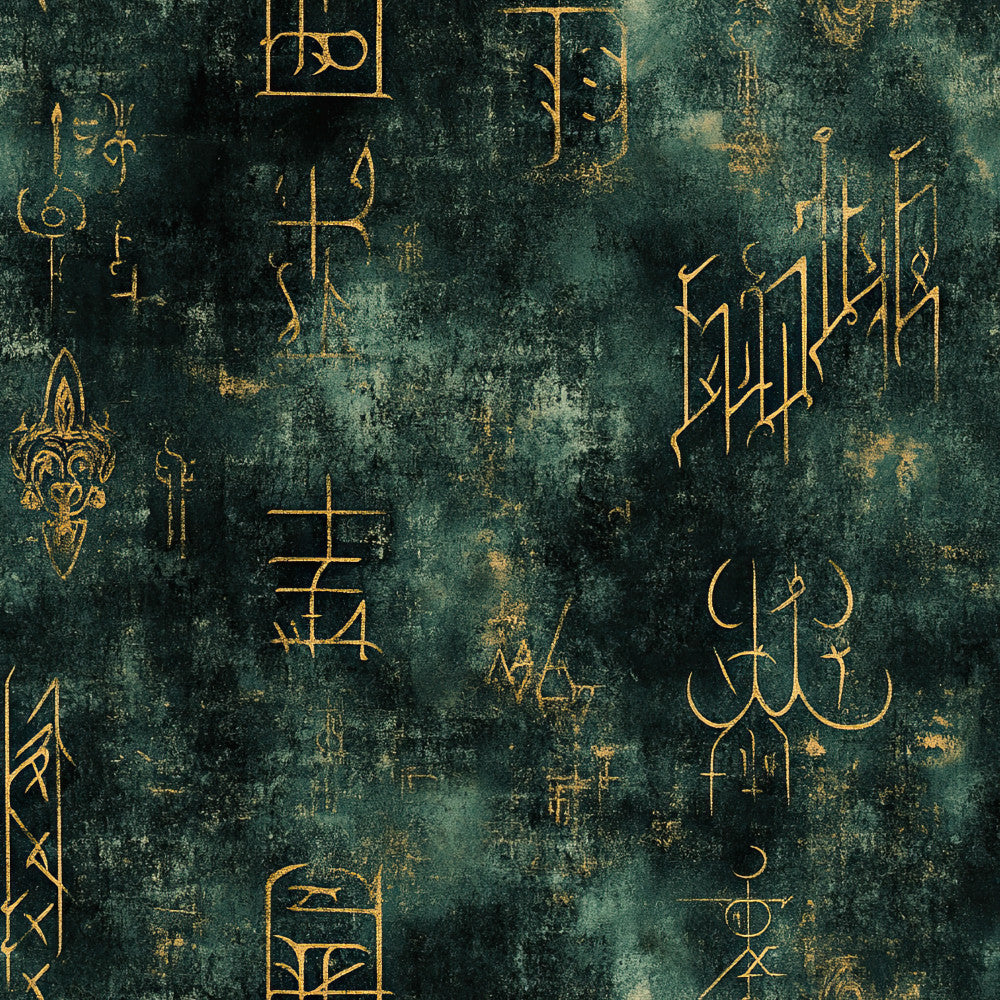 forest green, teal green, gold, metallic gold, distressed, vintage, mystical, celestial, occult, esoteric, symbols, geometric, abstract, ornamental, elegant, bohemian, traditional, witchy, mysticism, grunge, worn texture, antique, dark academia, mysterious, magical, crosses, runes, archaic script, ornate details, luxury