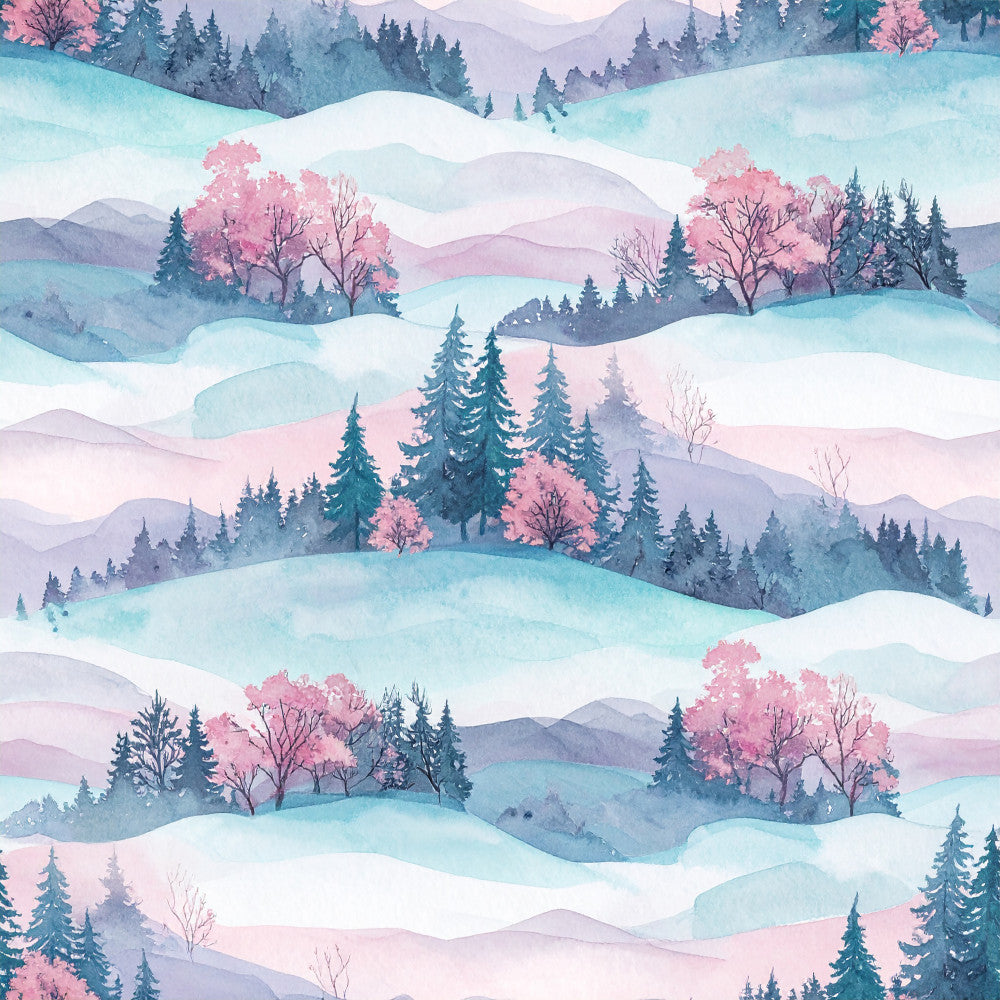 winter landscape, snowy hills, evergreen trees, pink blossoms, cherry trees, mountain scene, layered landscape, pastel colors, soft pink, dusty rose, ice blue, lavender, sage green, forest green, teal, watercolor, whimsical, dreamy, nature, woodland, winter, spring, serene, peaceful, calming, nursery, children's room, baby room, bedding