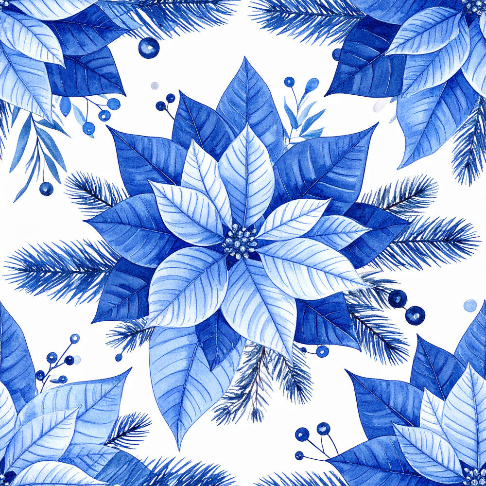 royal blue, navy blue, light blue, monochromatic blue, poinsettia, floral, botanical, winter florals, evergreen, pine branches, berries, nature, holiday, christmas, elegant, sophisticated, traditional, festive, poinsettia flower, leaf motifs, berry clusters, winter foliage, seasonal, premium, luxe, classic, decorative, timeless