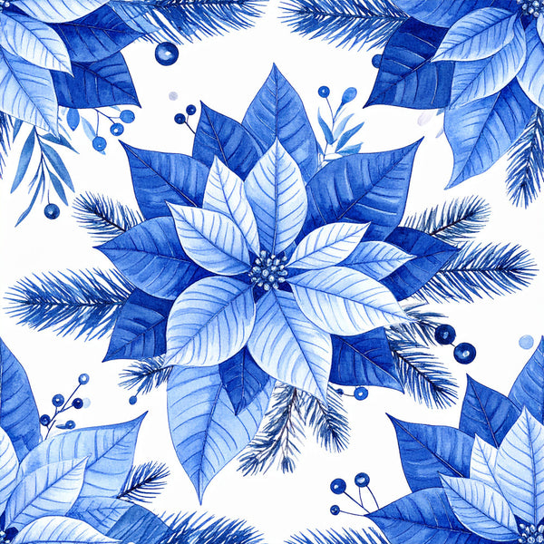 royal blue, navy blue, light blue, monochromatic blue, poinsettia, floral, botanical, winter florals, evergreen, pine branches, berries, nature, holiday, christmas, elegant, sophisticated, traditional, festive, poinsettia flower, leaf motifs, berry clusters, winter foliage, seasonal, premium, luxe, classic, decorative, timeless