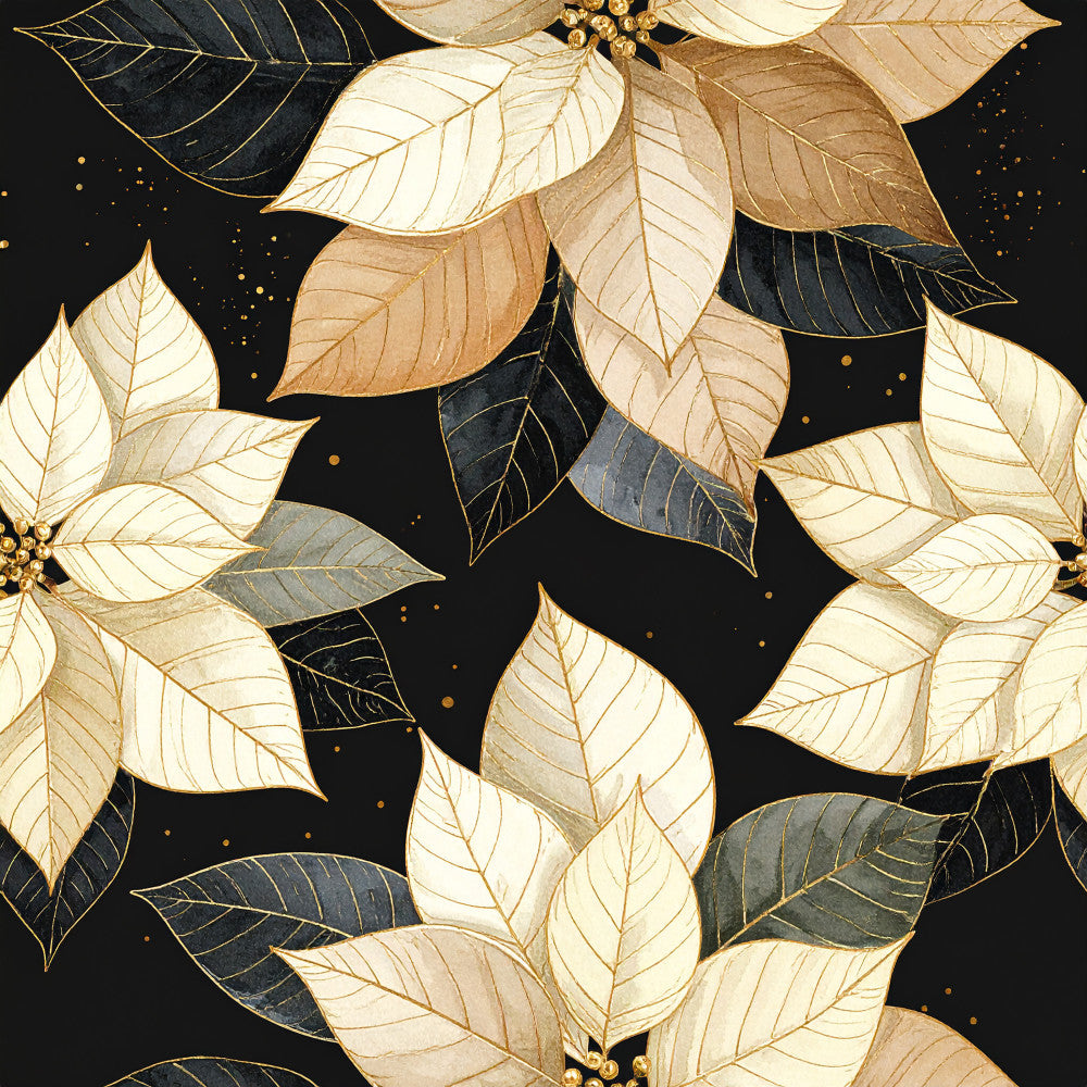 black background, cream, gold, tan, brown, charcoal, ivory, metallic gold, poinsettia, floral, botanical, nature, elegant, luxurious, modern, festive, holiday, christmas, winter, leaves, gold foil, sophisticated, glamorous, dimensional, layered petals, celestial sparkle, premium, upscale, special occasion, seasonal