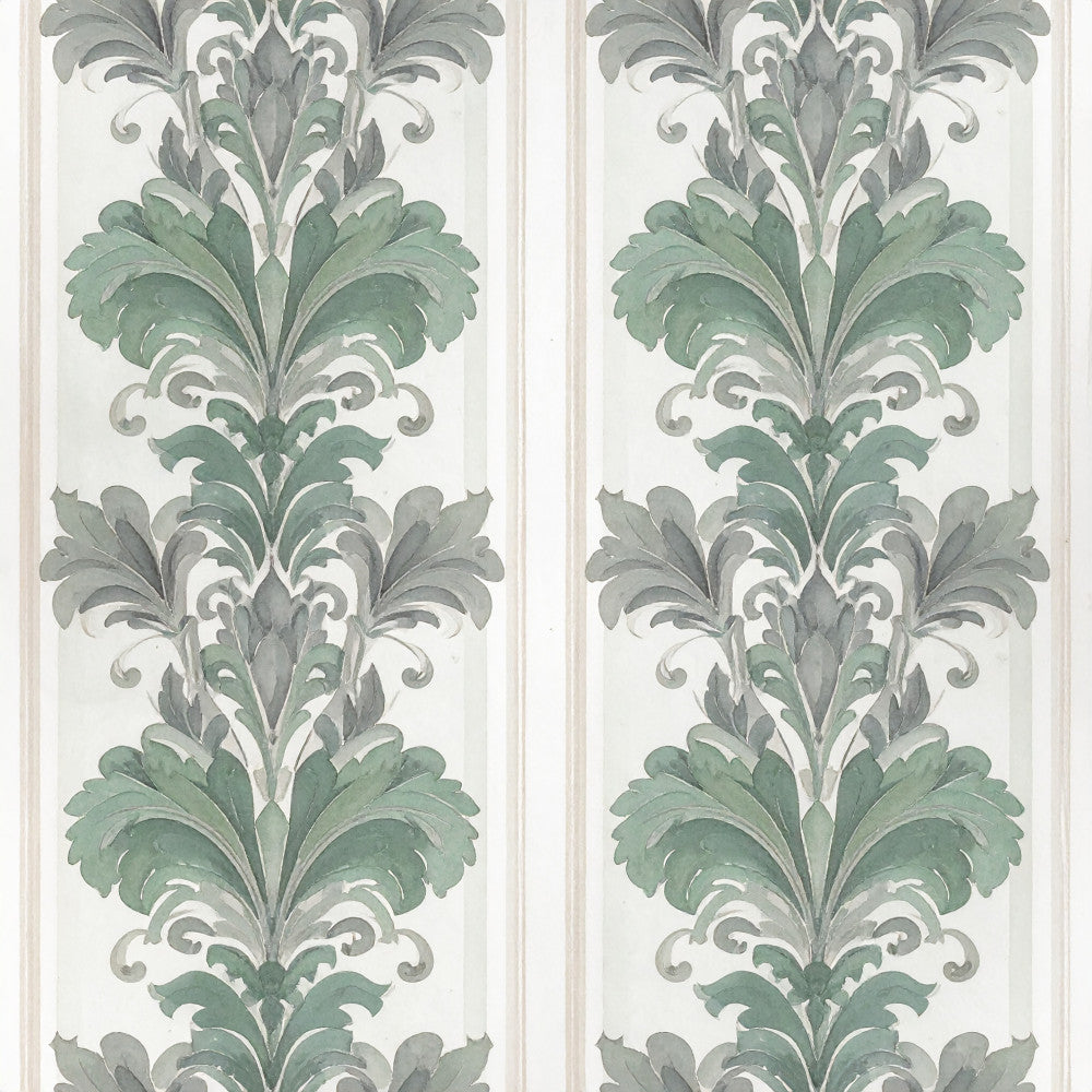 sage green, gray green, soft green, cream, ivory, damask, floral, ornamental, acanthus leaves, scrollwork, botanical, vintage, traditional, elegant, classic, neoclassical, symmetrical, decorative, victorian, ornate, leaf motifs, architectural, formal, timeless, sophisticated, nature-inspired, wallpaper-inspired, home decor, upholstery style