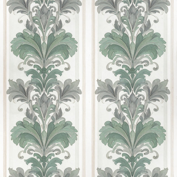sage green, gray green, soft green, cream, ivory, damask, floral, ornamental, acanthus leaves, scrollwork, botanical, vintage, traditional, elegant, classic, neoclassical, symmetrical, decorative, victorian, ornate, leaf motifs, architectural, formal, timeless, sophisticated, nature-inspired, wallpaper-inspired, home decor, upholstery style