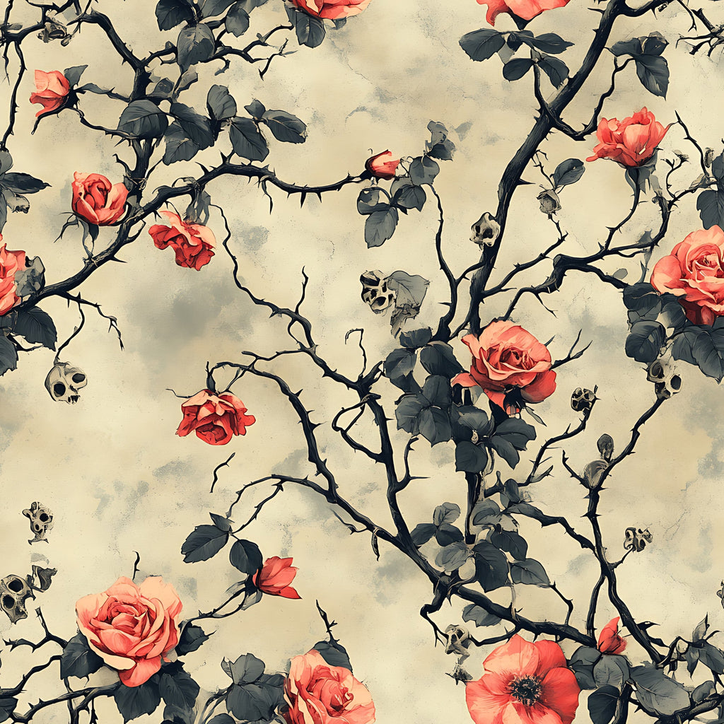 coral roses, skulls, thorny branches, gothic floral, dark stems, beige background, pink flowers, macabre botanical, spooky garden,, fabric panel, rose brambles, bone motifs, moody atmosphere, vintage inspired, alternative floral, dramatic pattern, halloween themed, creepy romantic