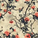 coral roses, skulls, thorny branches, gothic floral, dark stems, beige background, pink flowers, macabre botanical, spooky garden,, fabric panel, rose brambles, bone motifs, moody atmosphere, vintage inspired, alternative floral, dramatic pattern, halloween themed, creepy romantic