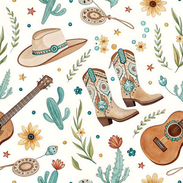 western cowboy, cowgirl boots, turquoise, cream, tan, brown, rust orange, sage green, floral, cacti, guitars, cowboy hat, stars, daisies, southwestern, bohemian, rustic, country, wildflowers, musical instruments, desert theme, vintage western, folk art, whimsical, playroom, kids room, nursery, toddler, gender neutral, texas style