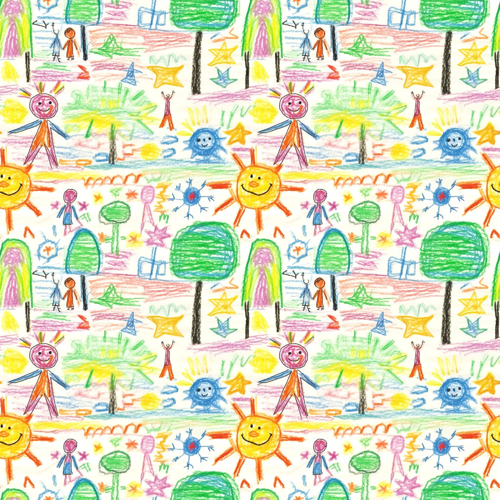 child artwork, crayon drawings, stick figures, smiling sun, green trees, colorful stars, rainbow colors, yellow, orange, blue, green, pink, purple, whimsical pattern, playful design, children's art style,, fabric panel, repeating motif, bright colors, cheerful mood