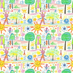 child artwork, crayon drawings, stick figures, smiling sun, green trees, colorful stars, rainbow colors, yellow, orange, blue, green, pink, purple, whimsical pattern, playful design, children's art style,, fabric panel, repeating motif, bright colors, cheerful mood