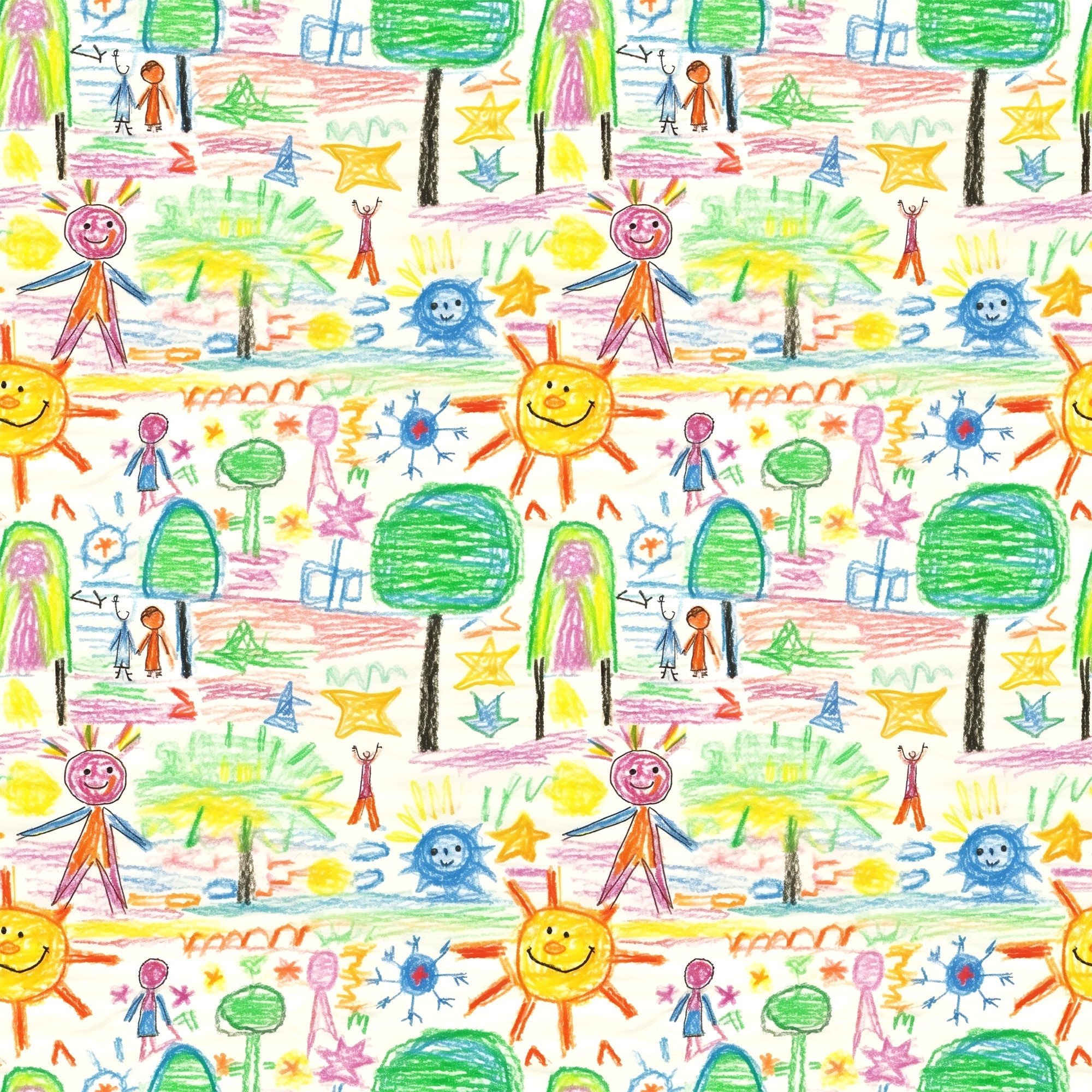 child artwork, crayon drawings, stick figures, smiling sun, green trees, colorful stars, rainbow colors, yellow, orange, blue, green, pink, purple, whimsical pattern, playful design, children's art style,, fabric panel, repeating motif, bright colors, cheerful mood