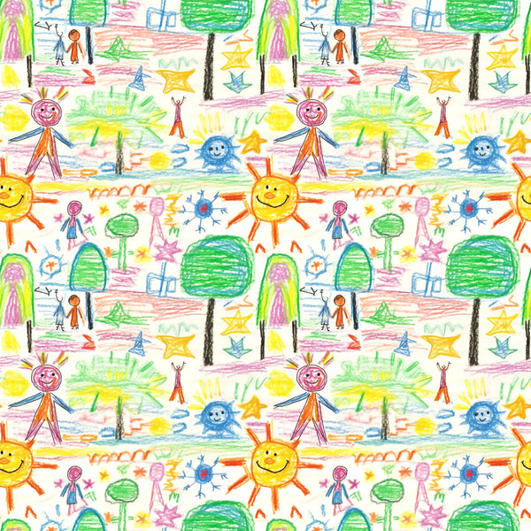 child artwork, crayon drawings, stick figures, smiling sun, green trees, colorful stars, rainbow colors, yellow, orange, blue, green, pink, purple, whimsical pattern, playful design, children's art style,, fabric panel, repeating motif, bright colors, cheerful mood