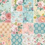spring floral,, fabric panel, patchwork squares, roses, vintage flowers, pastel pink, mint green, coral orange, cream background, botanical motifs, cottage core, romantic florals, shabby chic, delicate blooms, soft watercolors, garden flowers, feminine design, crafting fabric, quilt blocks