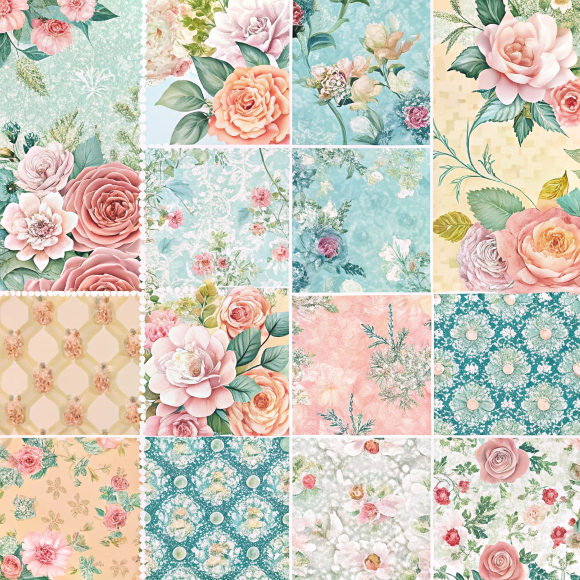 spring floral,, fabric panel, patchwork squares, roses, vintage flowers, pastel pink, mint green, coral orange, cream background, botanical motifs, cottage core, romantic florals, shabby chic, delicate blooms, soft watercolors, garden flowers, feminine design, crafting fabric, quilt blocks