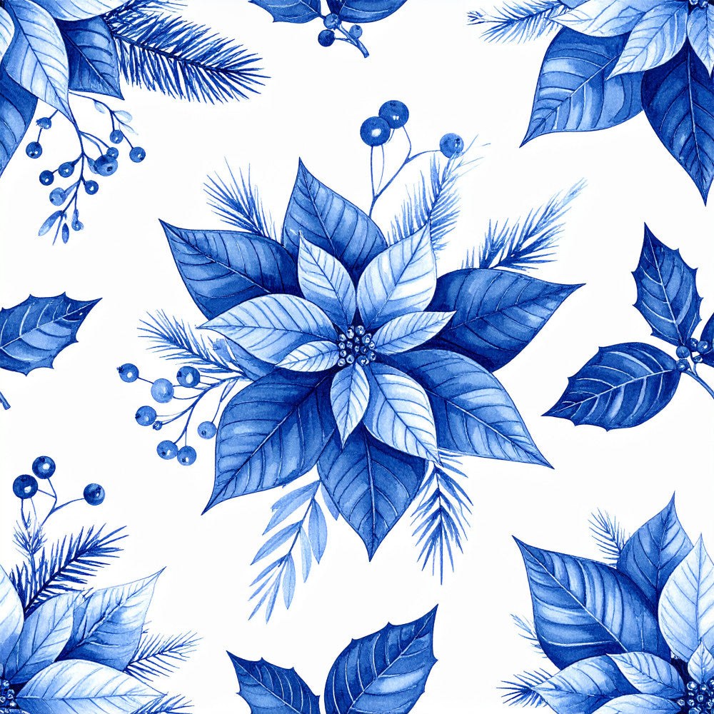 royal blue, navy blue, light blue, monochromatic blue, poinsettia, floral, botanical, nature, winter, christmas, holiday, elegant, traditional, classic, evergreen, pine needles, berries, festive, seasonal, leaves, delicate, watercolor style, artistic, detailed, sophisticated, home decor, christmas decor