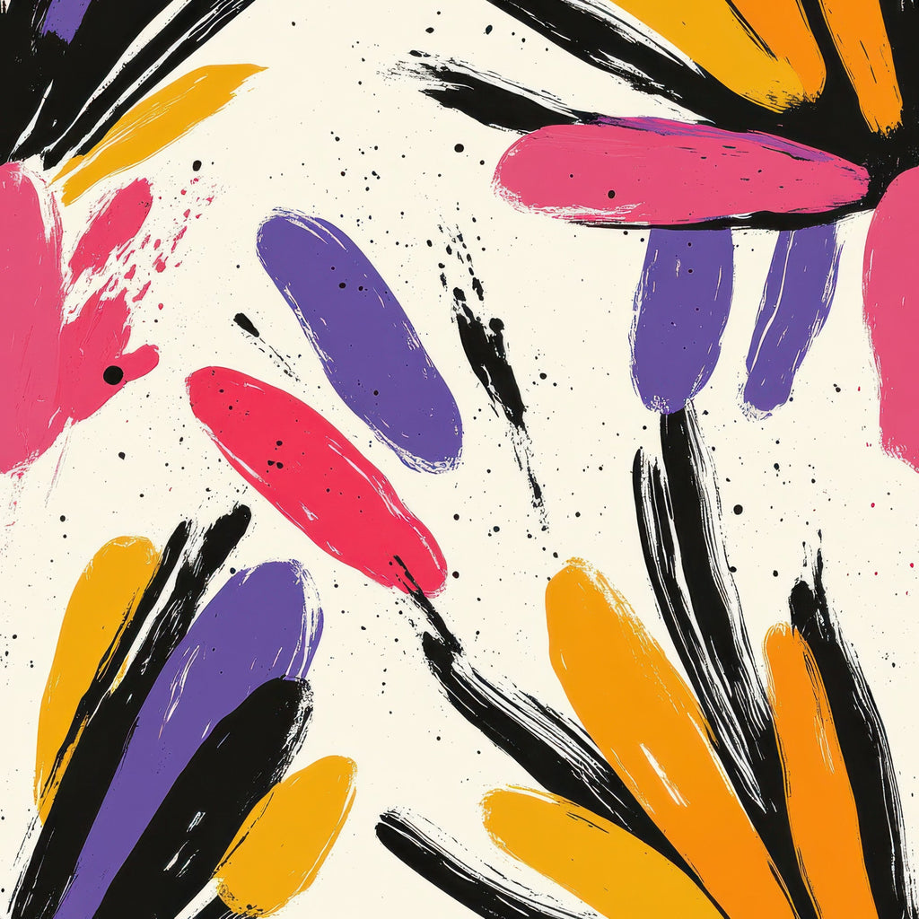 abstract brushstrokes, vibrant colors, purple petals, orange strokes, pink accents, black lines, cream background, contemporary art, painterly style, floral elements,, fabric panel, artistic pattern, expressive marks, colorful splashes, modern design, paint splatters, dynamic composition, textile art
