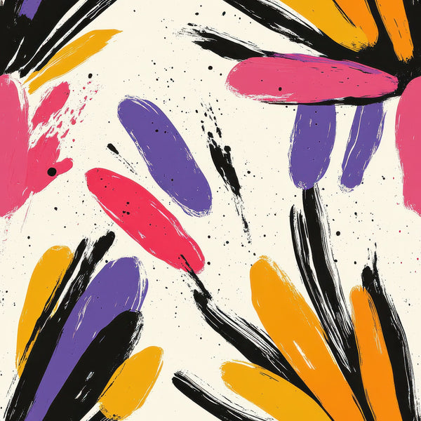 abstract brushstrokes, vibrant colors, purple petals, orange strokes, pink accents, black lines, cream background, contemporary art, painterly style, floral elements,, fabric panel, artistic pattern, expressive marks, colorful splashes, modern design, paint splatters, dynamic composition, textile art