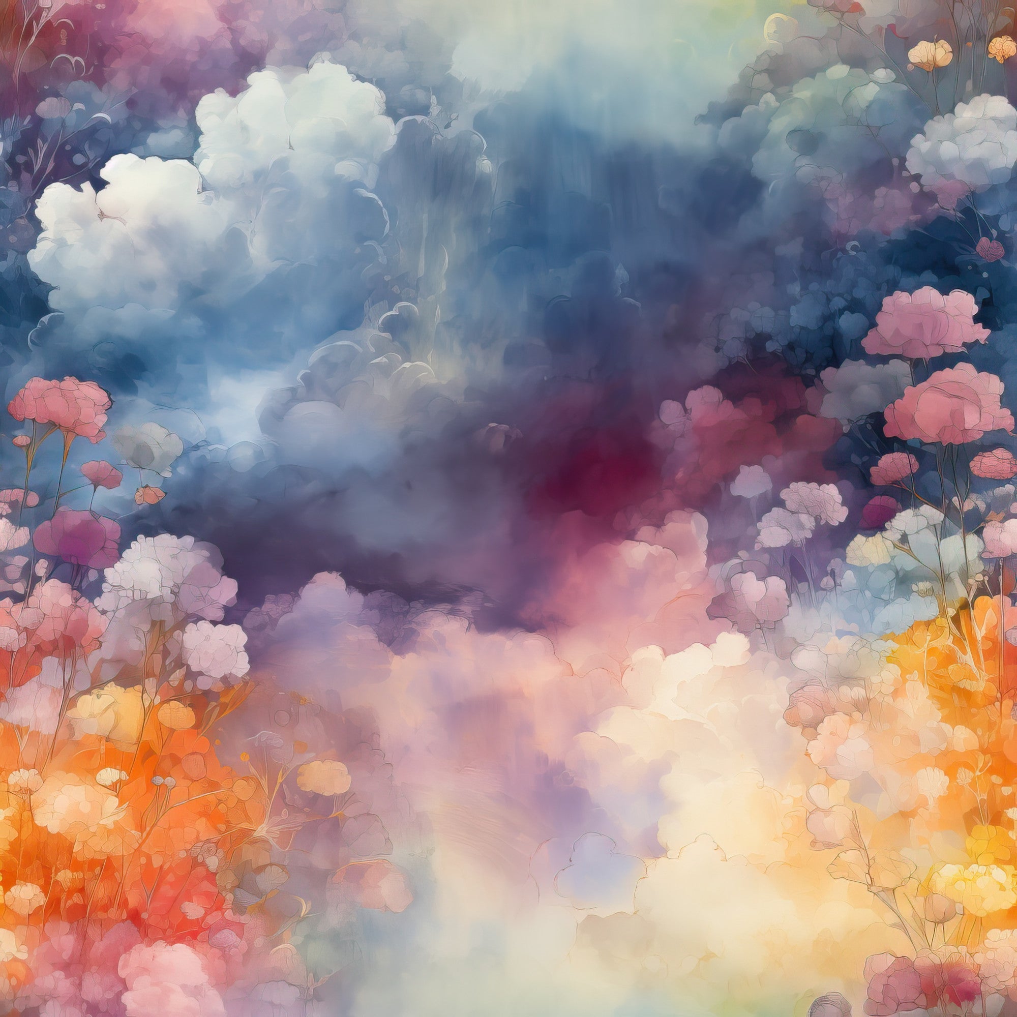 colorful clouds, watercolor style, dreamy sky, pastel colors, blue tones, pink hues, orange shades, purple clouds, yellow accents, ethereal atmosphere, whimsical flowers, fantasy landscape, soft gradients,, fabric panel, artistic design, celestial theme, cotton fabric, floral elements, painterly effect