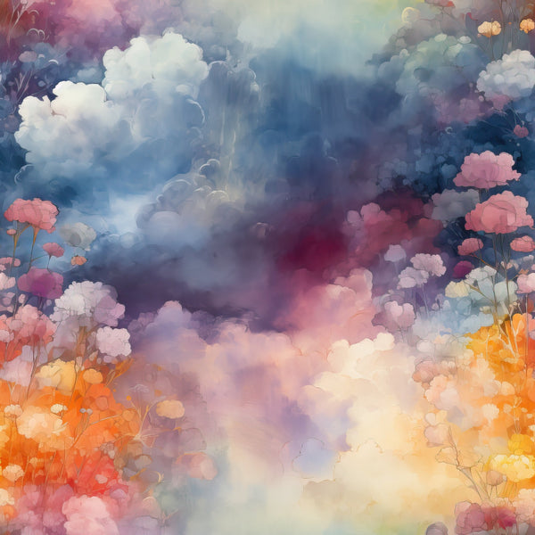 colorful clouds, watercolor style, dreamy sky, pastel colors, blue tones, pink hues, orange shades, purple clouds, yellow accents, ethereal atmosphere, whimsical flowers, fantasy landscape, soft gradients,, fabric panel, artistic design, celestial theme, cotton fabric, floral elements, painterly effect