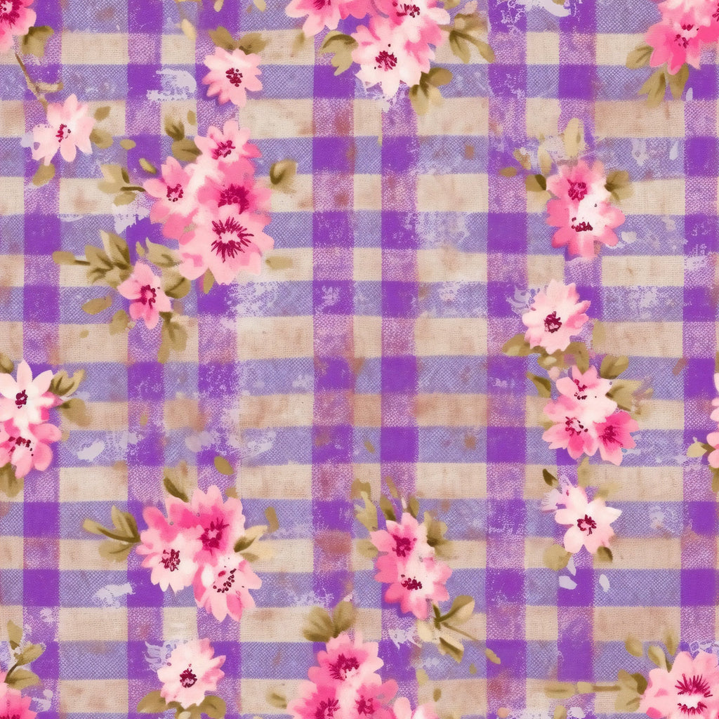 purple plaid, lavender gingham, pink flowers, floral blooms, country style,, fabric panel, cottage core, feminine design, spring florals, checkered pattern, soft pastels, rustic charm, botanical elements, vintage inspired, craft fabric, sewing material, garden flowers, plaid background, romantic florals