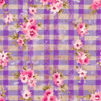 purple plaid, lavender gingham, pink flowers, floral blooms, country style,, fabric panel, cottage core, feminine design, spring florals, checkered pattern, soft pastels, rustic charm, botanical elements, vintage inspired, craft fabric, sewing material, garden flowers, plaid background, romantic florals
