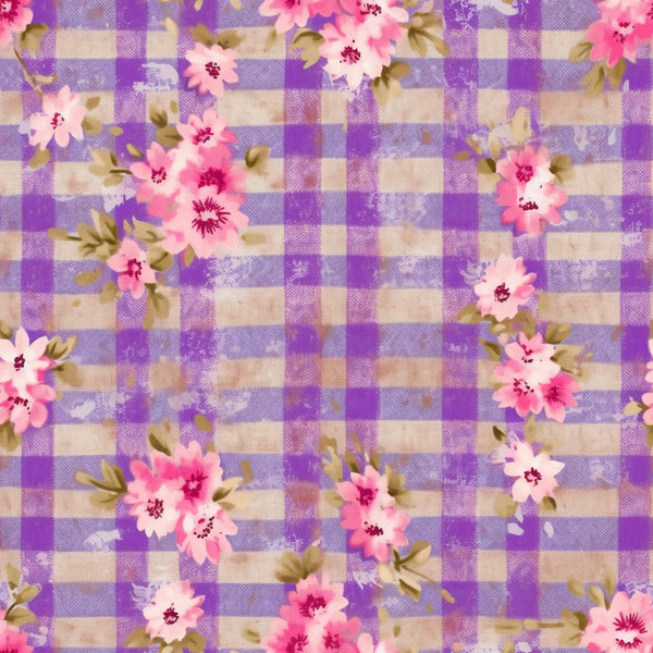 purple plaid, lavender gingham, pink flowers, floral blooms, country style,, fabric panel, cottage core, feminine design, spring florals, checkered pattern, soft pastels, rustic charm, botanical elements, vintage inspired, craft fabric, sewing material, garden flowers, plaid background, romantic florals