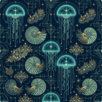 navy blue, teal, gold, sage green, glowing jellyfish, celestial, nautical, geometric, art deco, steampunk, bioluminescent, ocean, marine life, snails, shells, ornamental, art nouveau, modern, elegant, sophisticated, midnight blue, neon glow, circuit board, technical, sci-fi, fantasy, whimsical, magical, deep sea, intricate details
