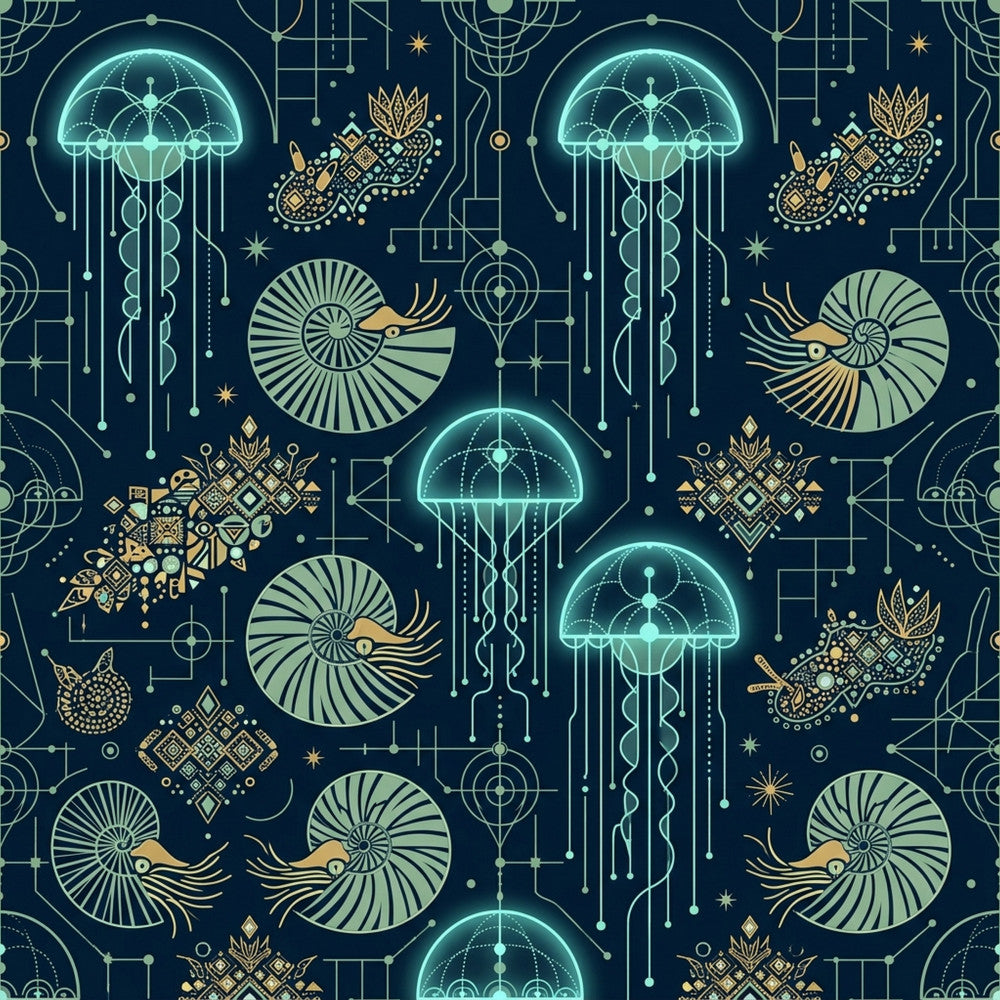 navy blue, teal, gold, sage green, glowing jellyfish, celestial, nautical, geometric, art deco, steampunk, bioluminescent, ocean, marine life, snails, shells, ornamental, art nouveau, modern, elegant, sophisticated, midnight blue, neon glow, circuit board, technical, sci-fi, fantasy, whimsical, magical, deep sea, intricate details
